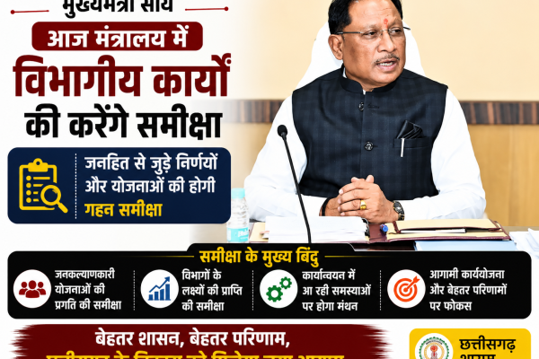 मुख्यमंत्री साय आज मंत्रालय में विभागीय कार्यों की करेंगे समीक्षा