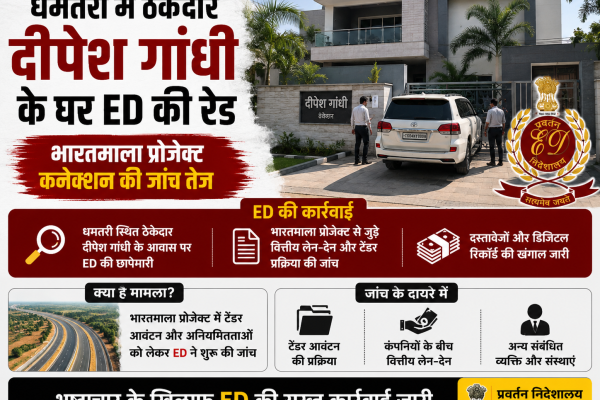 धमतरी में ठेकेदार दीपेश गांधी के घर ED की रेड, भारतमाला प्रोजेक्ट कनेक्शन की जांच तेज