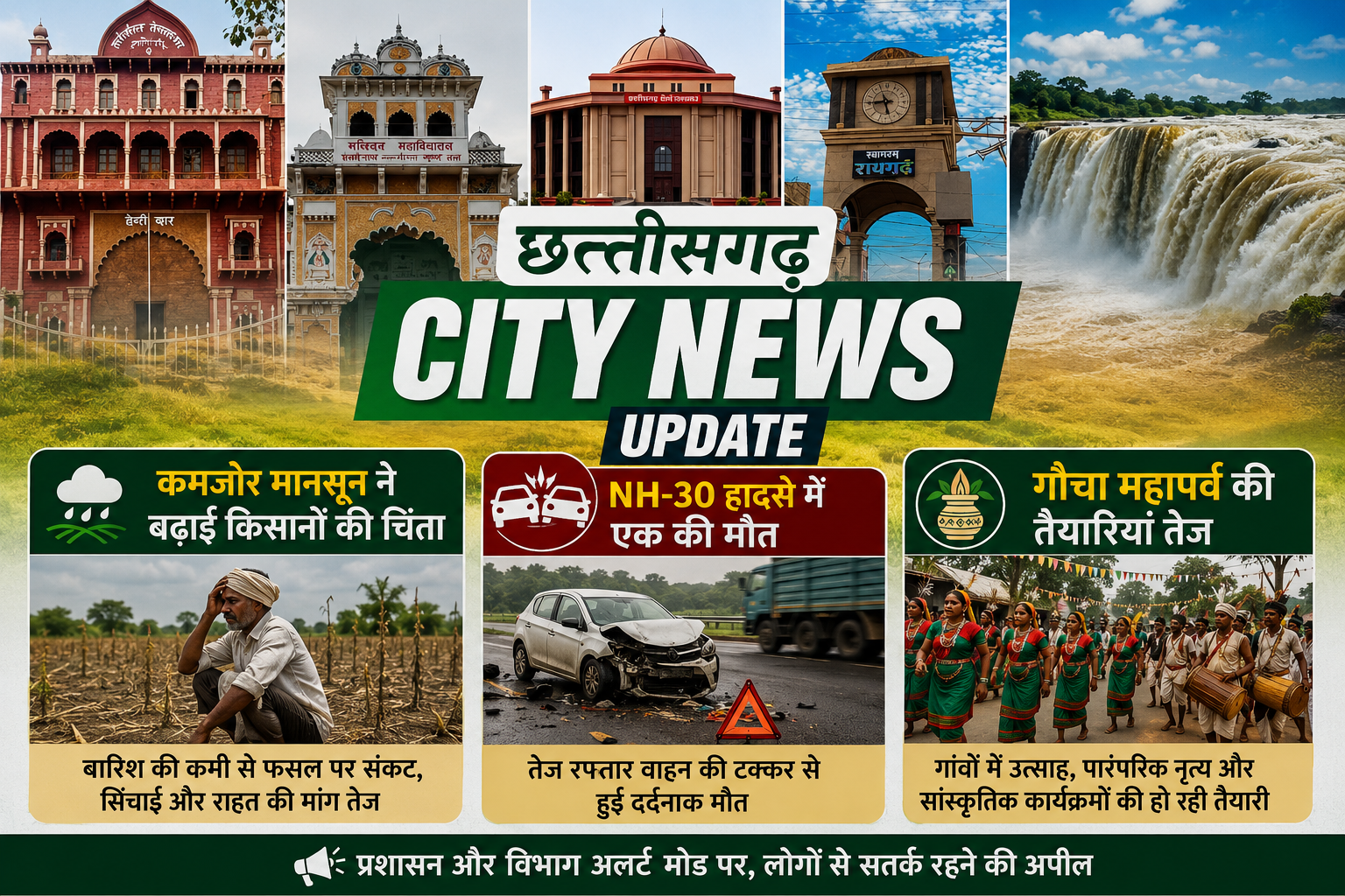 Bastar News Update: बस्तर में कमजोर मानसून से किसानों की चिंता बढ़ी, एनएच-30 पर दर्दनाक हादसे में एक की मौत, गोंचा महापर्व की तैयारियां तेज, सुकमा बैंक में आग और दंतेवाड़ा में सड़क मरम्मत पर उठे सवाल।