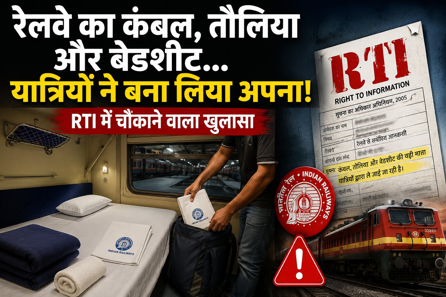 RTI रिपोर्ट में खुलासा हुआ कि जनवरी 2022 से मई 2026 के बीच भारतीय रेलवे के AC कोच से 1.27 करोड़ बेडशीट, कंबल, तौलिये और तकिए चोरी हुए, जिससे 104 करोड़ रुपये से अधिक का नुकसान हुआ। बेहतर Slug