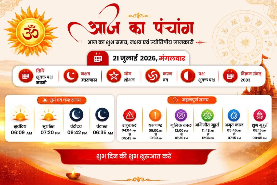 आज की पंचांग तिथि 21 जुलाई , नक्षत्र, राहुकाल और शुभ-अशुभ मुहूर्त