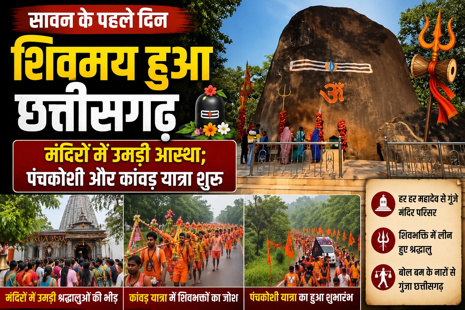 सावन के पहले दिन छत्तीसगढ़ के शिव मंदिरों में पूजा करते श्रद्धालु और कांवड़ यात्रा