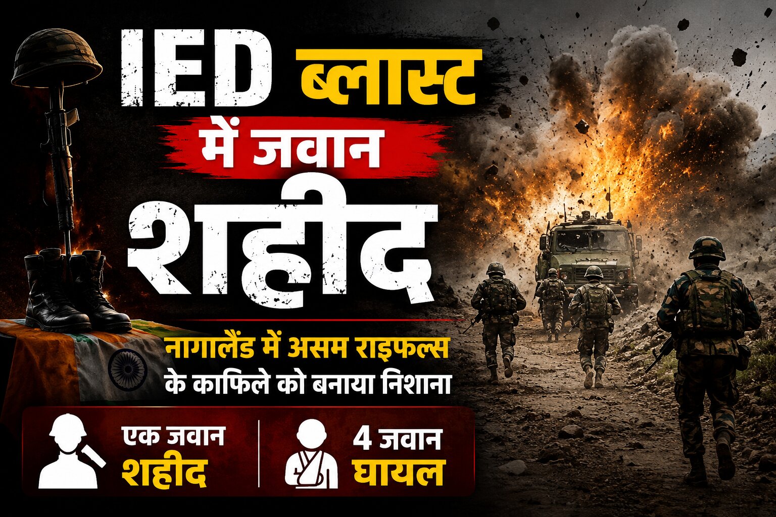 नागालैंड के चुमौकेदिमा क्षेत्र में असम राइफल्स के काफिले के पास IED ब्लास्ट में एक जवान शहीद हो गया, जबकि चार अन्य घायल हुए हैं। सुरक्षा बलों ने पूरे इलाके में सर्च ऑपरेशन तेज कर दिया है।