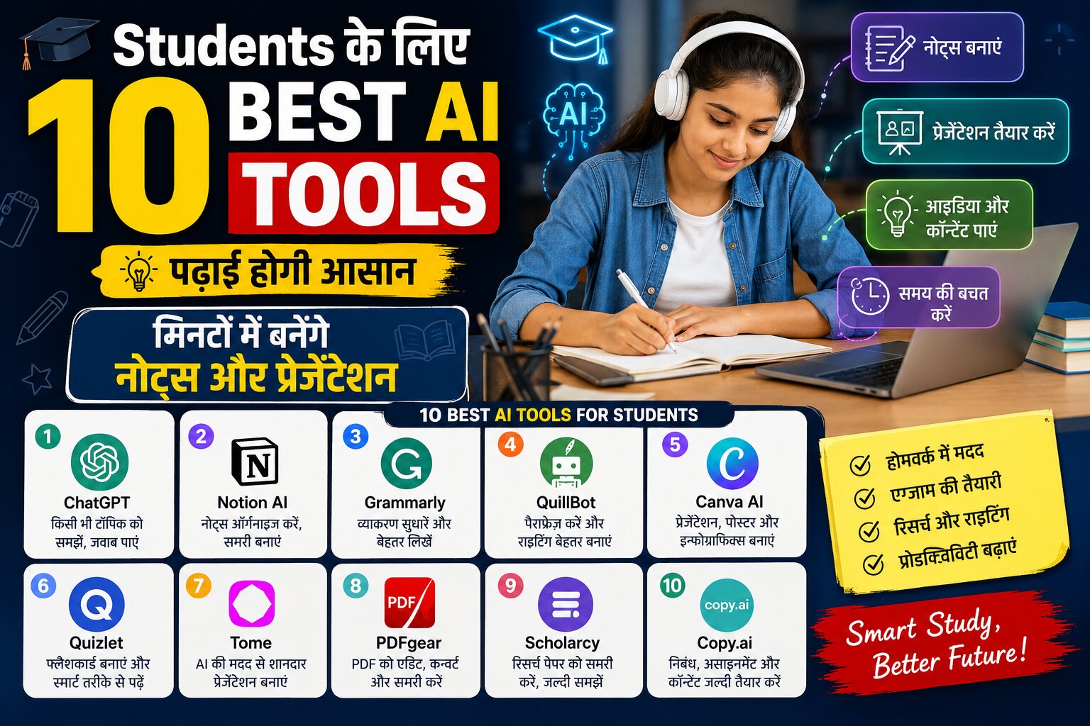 लैपटॉप पर ChatGPT, NotebookLM और अन्य AI टूल्स का उपयोग करते हुए पढ़ाई करता हुआ छात्र।
