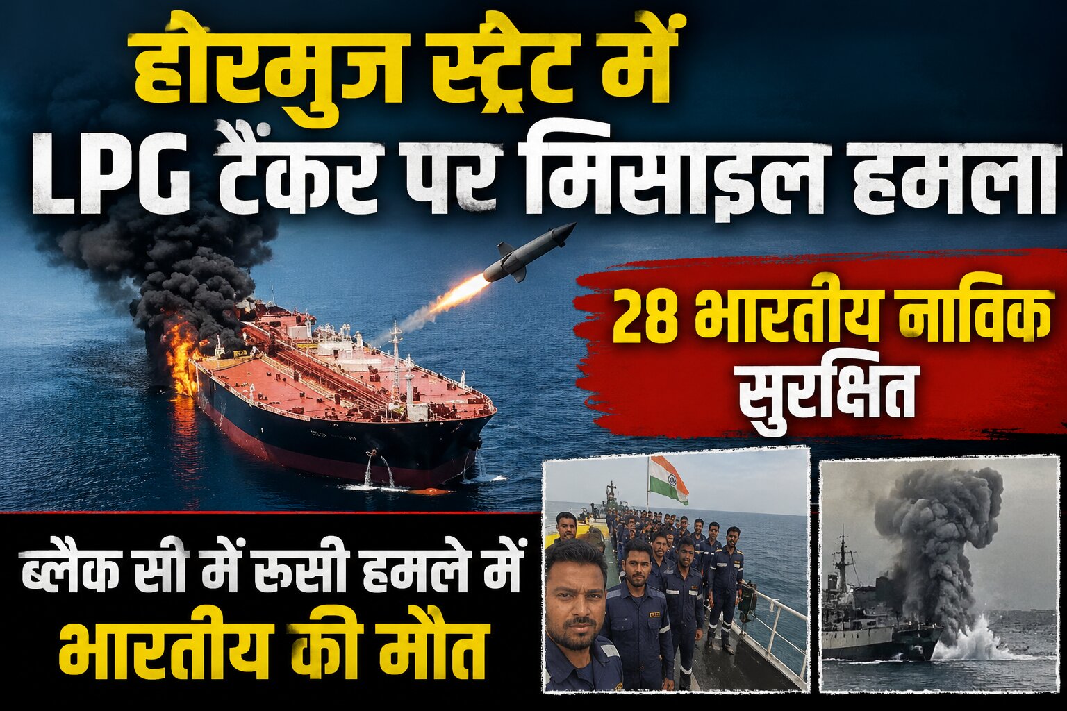 होर्मुज स्ट्रेट में मिसाइल हमले का शिकार LPG टैंकर और उस पर सवार भारतीय नाविकों से जुड़ी सांकेतिक तस्वीर।