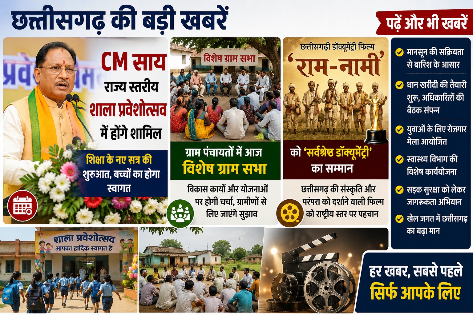 मुख्यमंत्री विष्णुदेव साय राज्य स्तरीय शाला प्रवेशोत्सव में शामिल होते हुए, विशेष ग्राम सभा और राम-नामी डॉक्यूमेंट्री सम्मान से जुड़ी प्रतीकात्मक तस्वीर