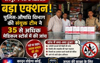 रायपुर में पुलिस और औषधि विभाग की संयुक्त टीम मेडिकल स्टोर्स की जांच करते हुए।