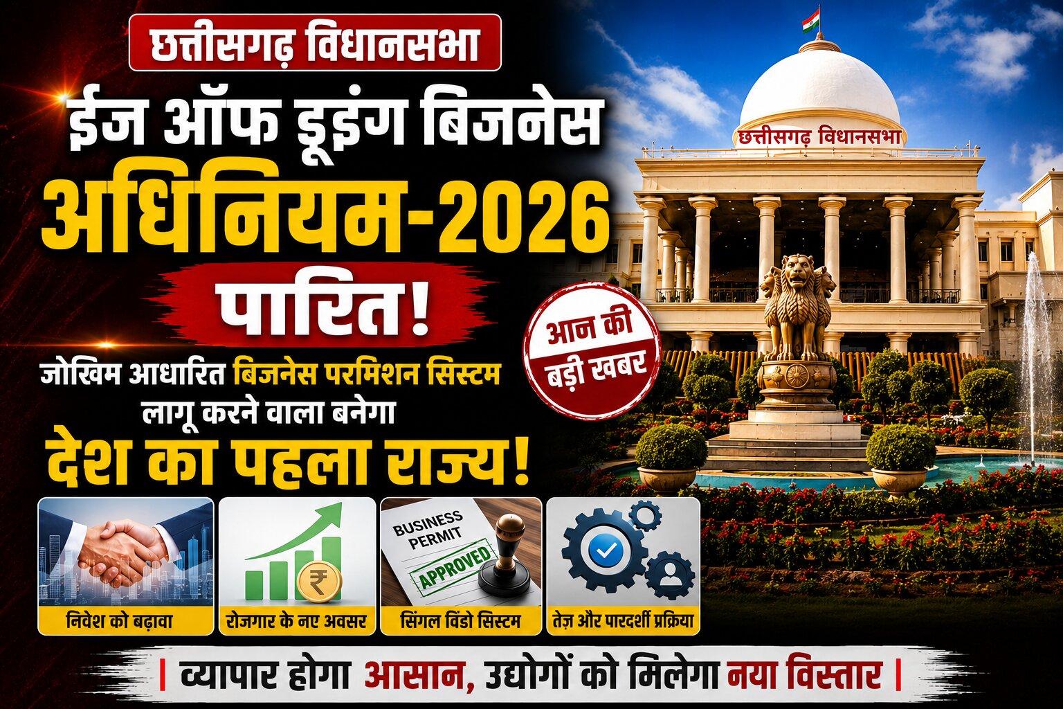 छत्तीसगढ़ विधानसभा में ईज ऑफ डूइंग बिजनेस अधिनियम-2026 पारित, जोखिम आधारित बिजनेस परमिशन सिस्टम लागू करने वाला बनेगा देश का पहला राज्य