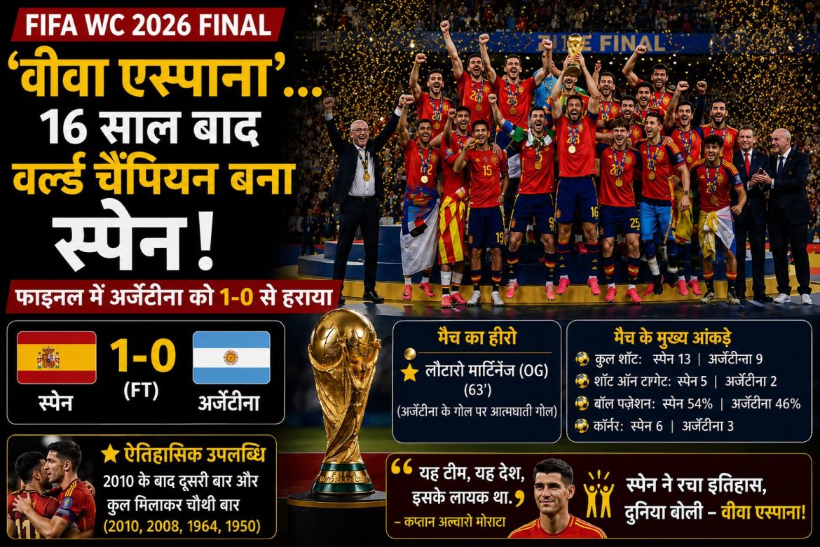 FIFA WC 2026 Final: स्पेन बना नया विश्व चैंपियन, अर्जेंटीना को 1-0 से हराकर 16 साल बाद जीता वर्ल्ड कप
