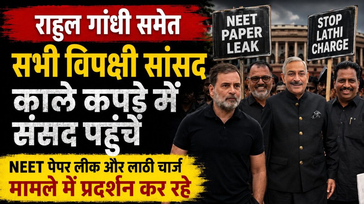 काले कपड़ों में संसद पहुंचे राहुल गांधी समेत विपक्षी सांसद, NEET पेपर लीक और लाठीचार्ज के विरोध में जोरदार प्रदर्शन