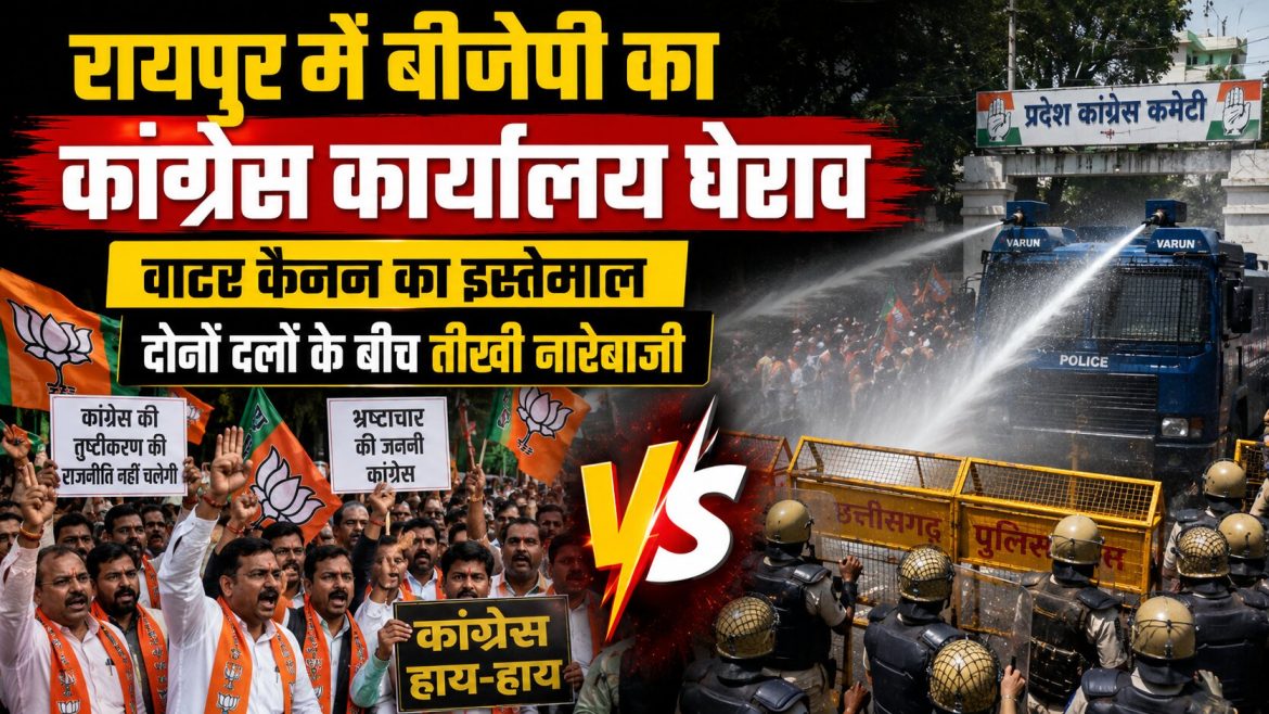 रायपुर में बीजेपी का कांग्रेस कार्यालय घेराव, वाटर कैनन का इस्तेमाल; दोनों दलों के बीच तीखी नारेबाजी