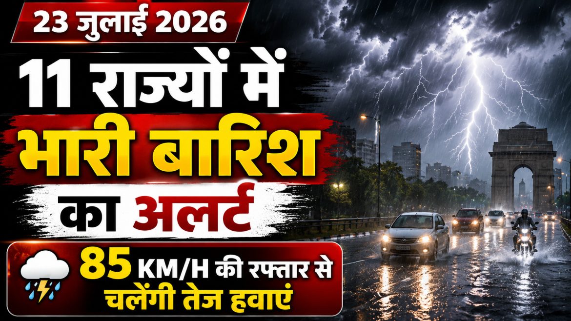 23 जुलाई 2026 मौसम पूर्वानुमान: 11 राज्यों में भारी बारिश का अलर्ट, 85 किमी/घंटा की रफ्तार से चल सकती हैं तेज हवाएं