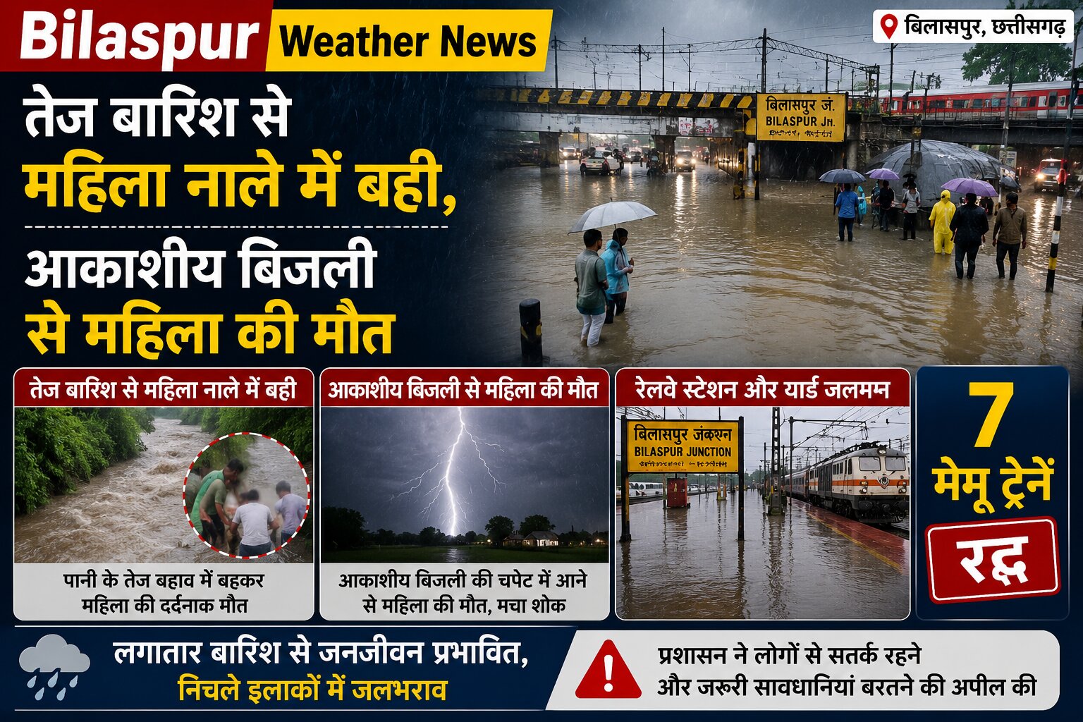 Bilaspur Weather News: तेज बारिश से महिला नाले में बही, मौत; रेलवे स्टेशन जलमग्न, 7 मेमू ट्रेनें रद्द