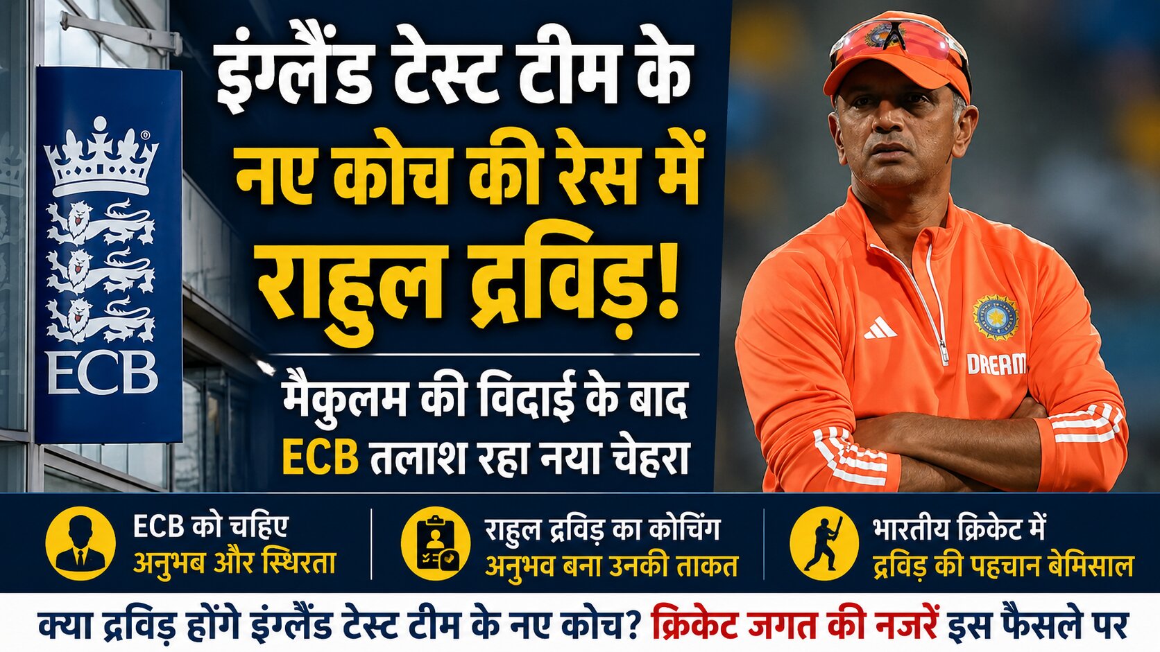 न्यूजीलैंड से टेस्ट सीरीज हारने के बाद इंग्लैंड क्रिकेट बोर्ड नए टेस्ट हेड कोच की तलाश में है। राहुल द्रविड़ का नाम प्रमुख दावेदारों में शामिल बताया जा रहा है।