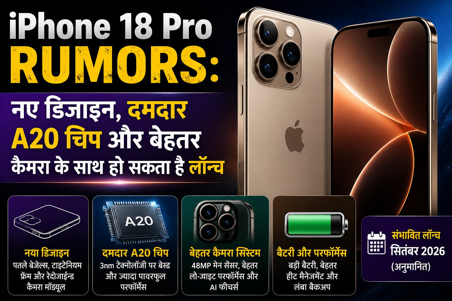 iPhone 18 Pro का कॉन्सेप्ट रेंडर, जिसमें छोटा Dynamic Island, ट्रिपल कैमरा और प्रीमियम डिजाइन दिखाया गया है।