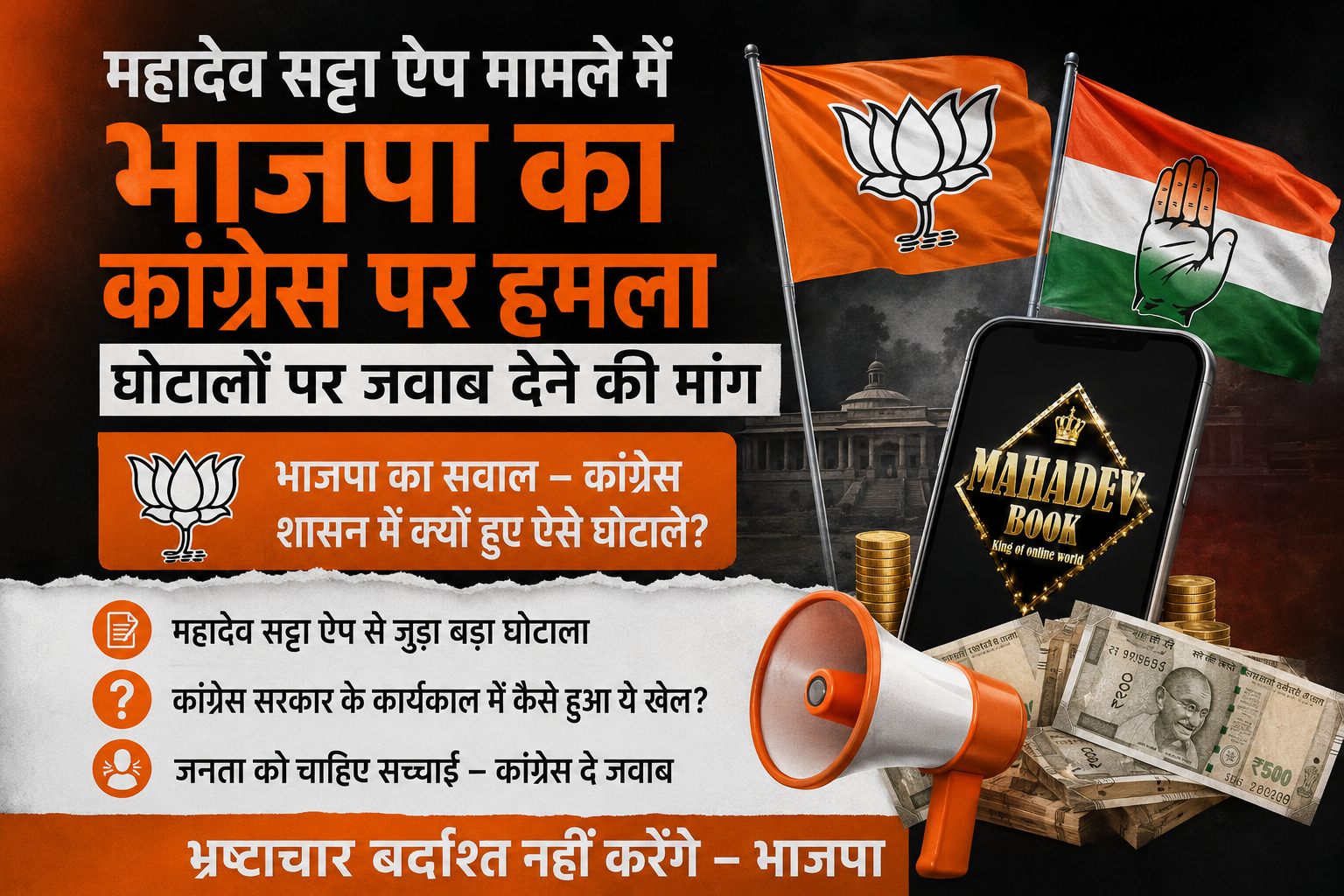 महादेव सट्टा ऐप मामले में भाजपा का कांग्रेस पर हमला, घोटालों पर जवाब देने की मांग