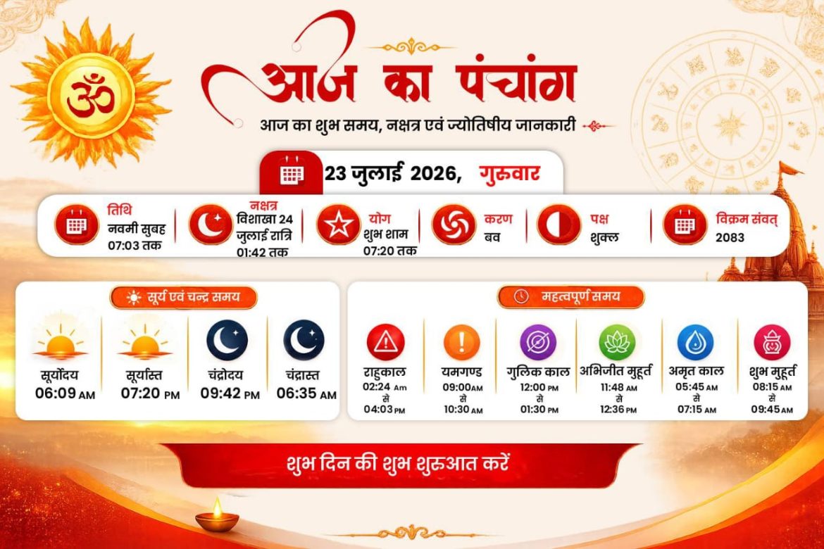 आज का पंचांग 23 जुलाई 2026: भडली नवमी आज, जानें शुभ मुहूर्त, राहुकाल और चतुर्मास में विद्यार्थियों के लिए विशेष नियम
