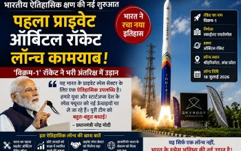 श्रीहरिकोटा से मिशन आगमन के तहत स्काईरूट एयरोस्पेस का पहला निजी ऑर्बिटल रॉकेट विक्रम-1 लॉन्च होता हुआ।