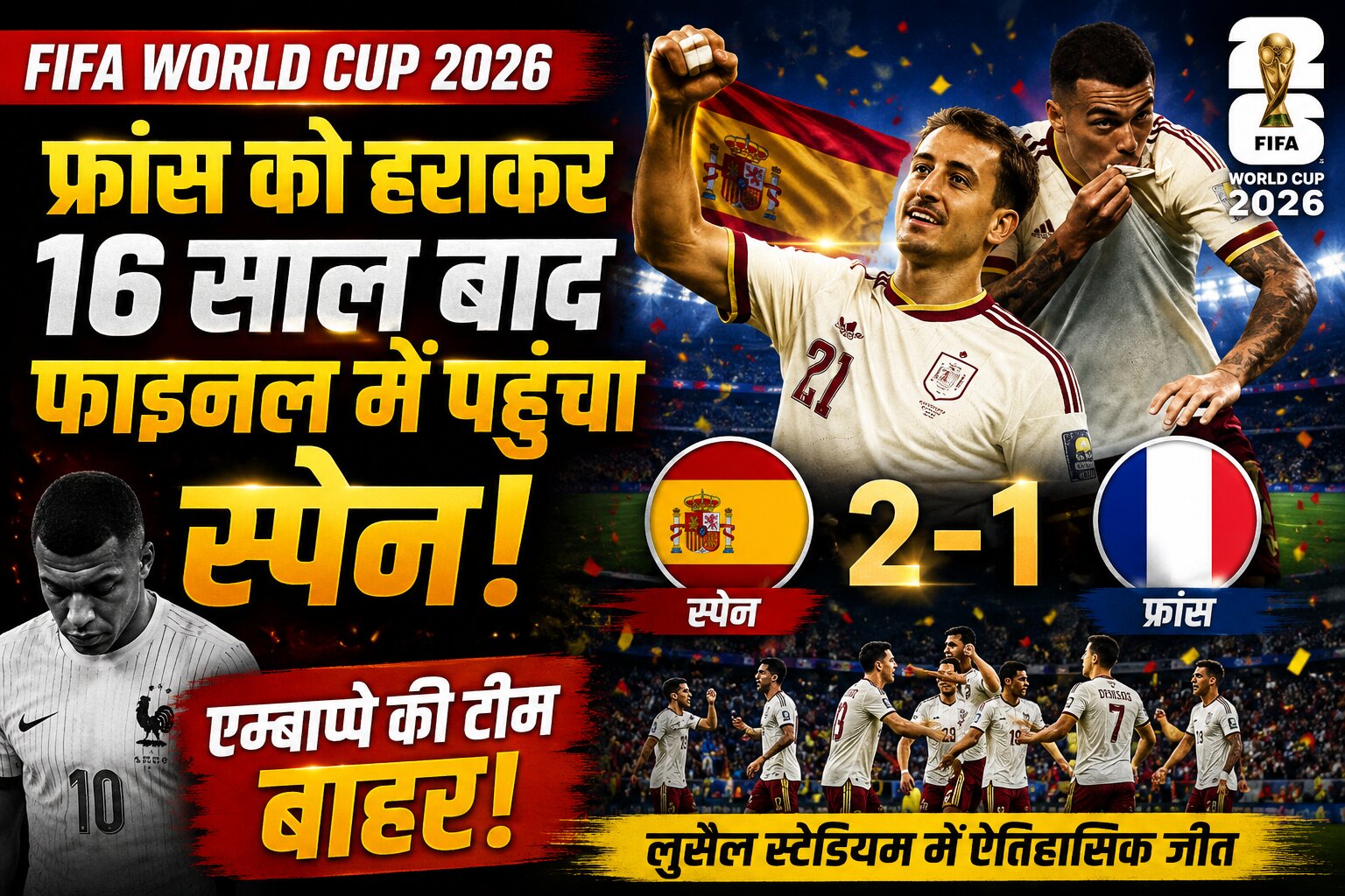 FIFA World Cup 2026 के सेमीफाइनल में स्पेन ने फ्रांस को 2-0 से हराकर 16 साल बाद फाइनल में जगह बनाई। जानिए मैच के गोल, एम्बाप्पे का प्रदर्शन और स्पेन की शानदार वापसी।