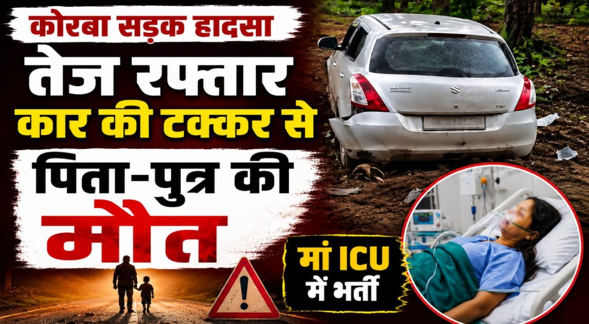 कोरबा सड़क हादसा, तेज रफ्तार कार की टक्कर से पिता-पुत्र की मौत, मां ICU में भर्ती