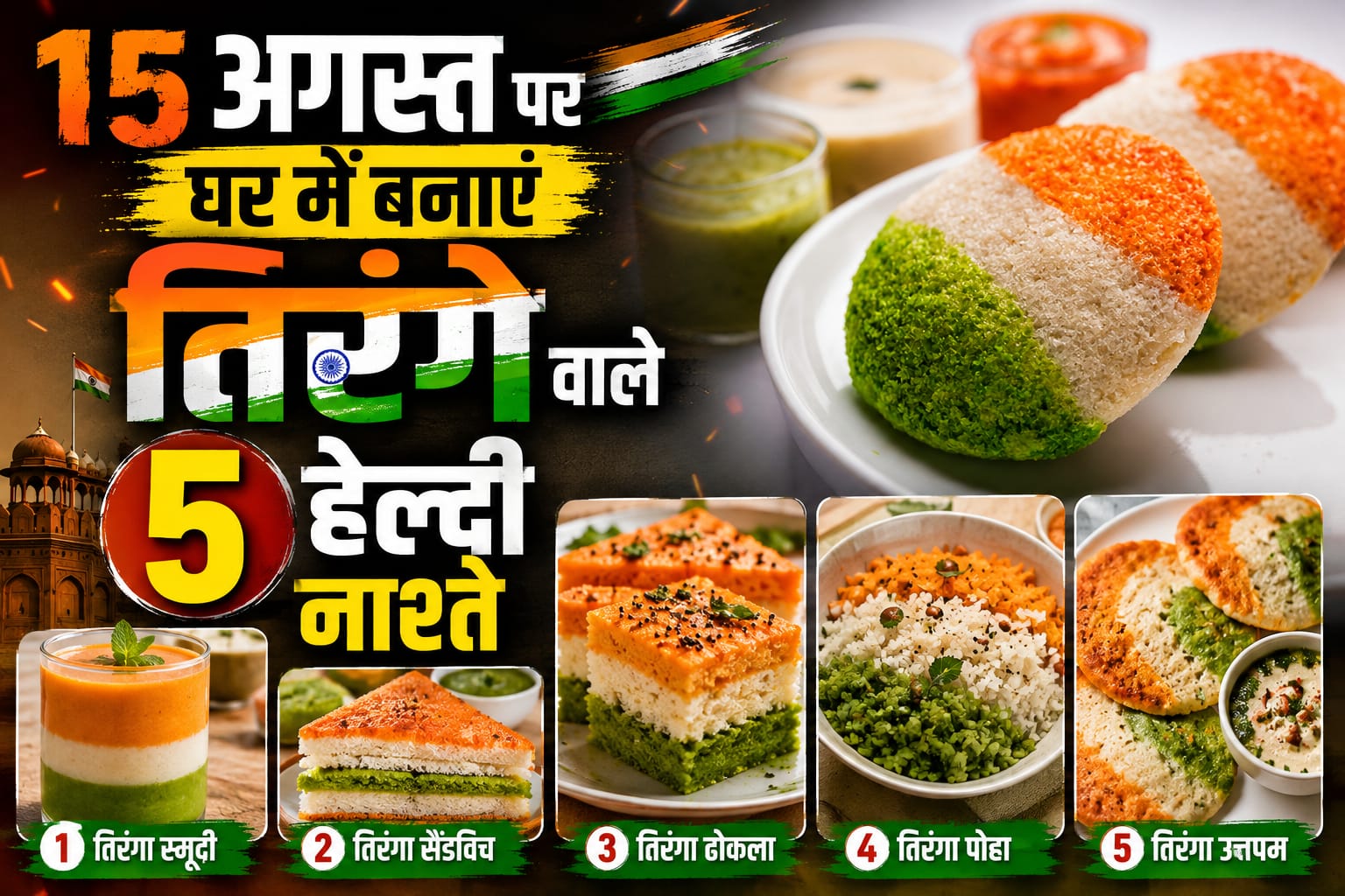 स्वतंत्रता दिवस के लिए तिरंगे रंगों से सजा हेल्दी नाश्ता जिसमें सैंडविच, इडली, पोहा और फ्रूट योगर्ट शामिल हैं