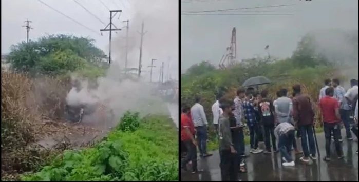 पीथमपुर में तेज रफ्तार स्कॉर्पियो की टक्कर के बाद घायल कांवड़ यात्री और जली हुई कार