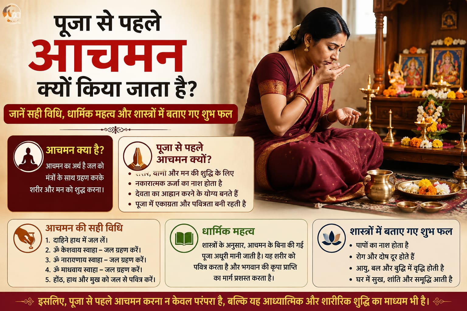 पूजा से पहले तांबे के लोटे से आचमन करते हुए श्रद्धालु, धार्मिक विधि का पालन करते हुए