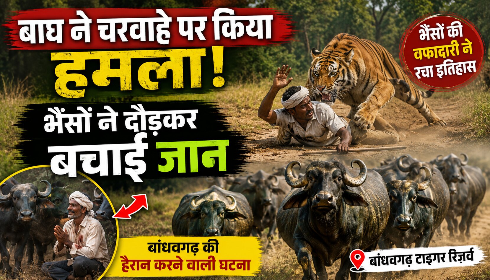बांधवगढ़ टाइगर रिजर्व में बाघ के हमले से घायल चरवाहा और भैंसों का झुंड