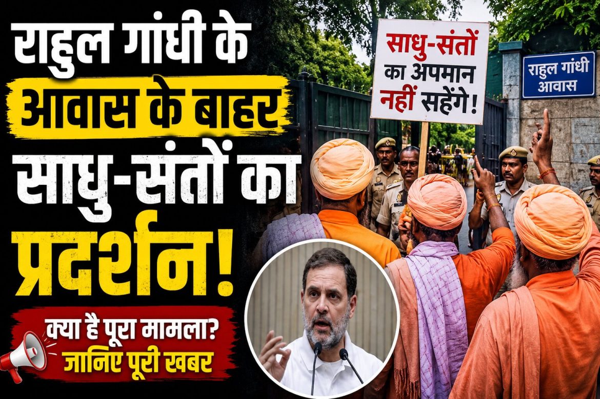 राहुल गांधी के आवास के बाहर साधु-संतों का प्रदर्शन
