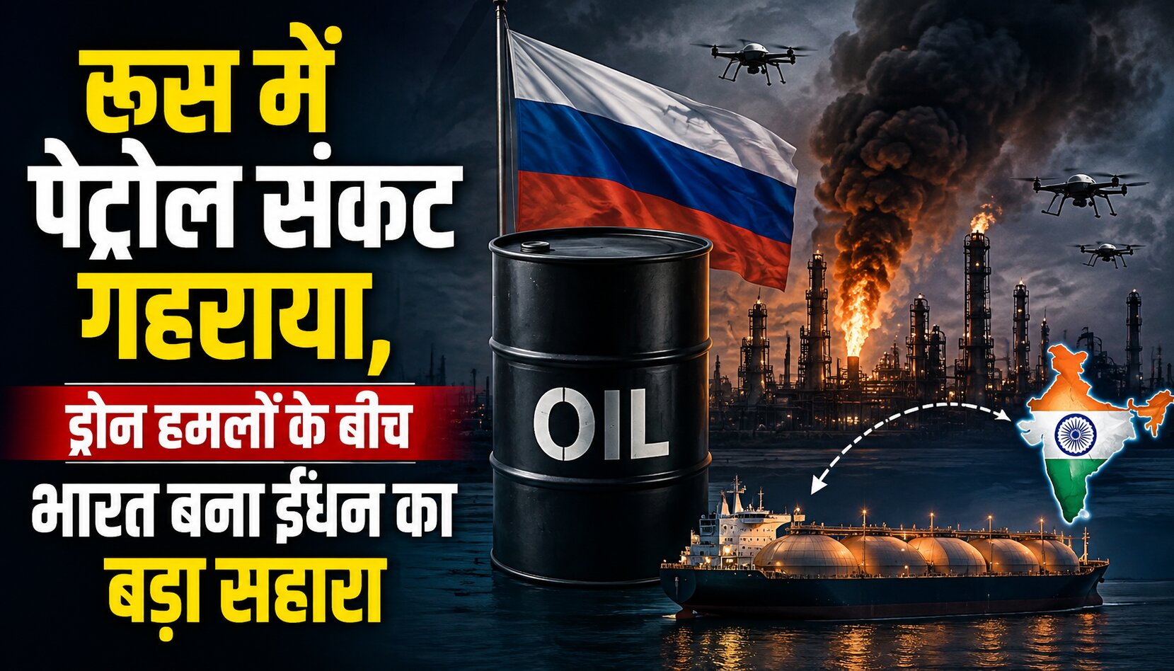 ड्रोन हमलों के बाद रूस में पेट्रोल संकट और भारत से बढ़ते ईंधन आयात का प्रतीकात्मक दृश्य