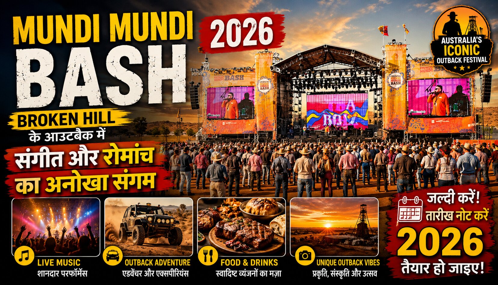 Broken Hill के पास Mundi Mundi Plains में Mundi Mundi Bash 2026 का आउटबैक म्यूजिक फेस्टिवल