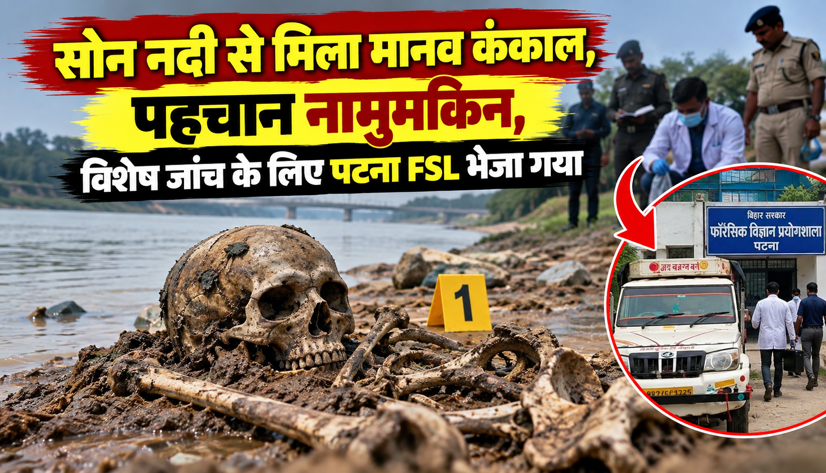 रोहतास के भूसऊला के पास सोन नदी से बरामद मानव कंकाल, पहचान के लिए पटना FSL भेजा गया