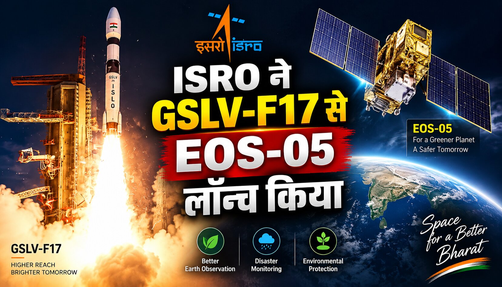 श्रीहरिकोटा से GSLV-F17 रॉकेट द्वारा EOS-05 उपग्रह का सफल प्रक्षेपण
