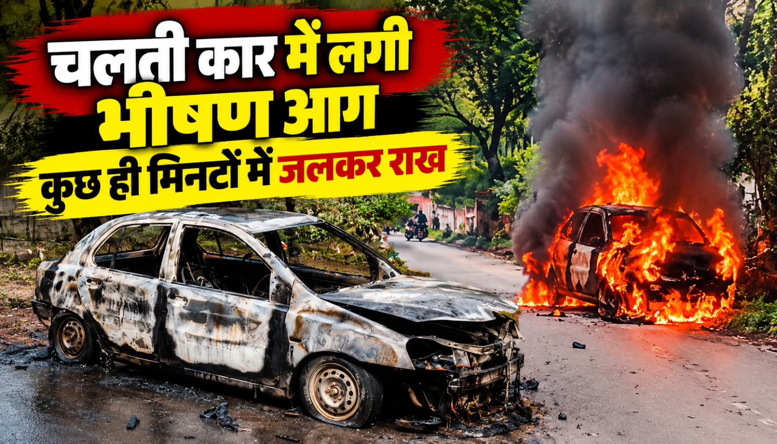 नरसिंहपुर में स्टेशन गंज थाना क्षेत्र के पास आग में जलती कार