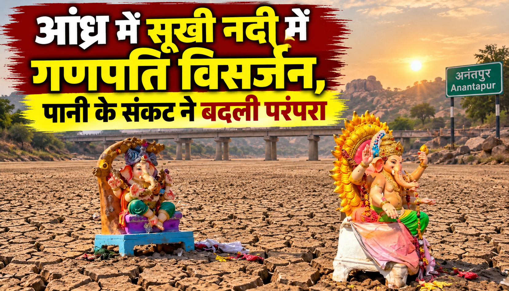 आंध्र प्रदेश के पुट्टलूर में सूखी चित्रावती नदी के तल पर रखी गणेश प्रतिमाएं