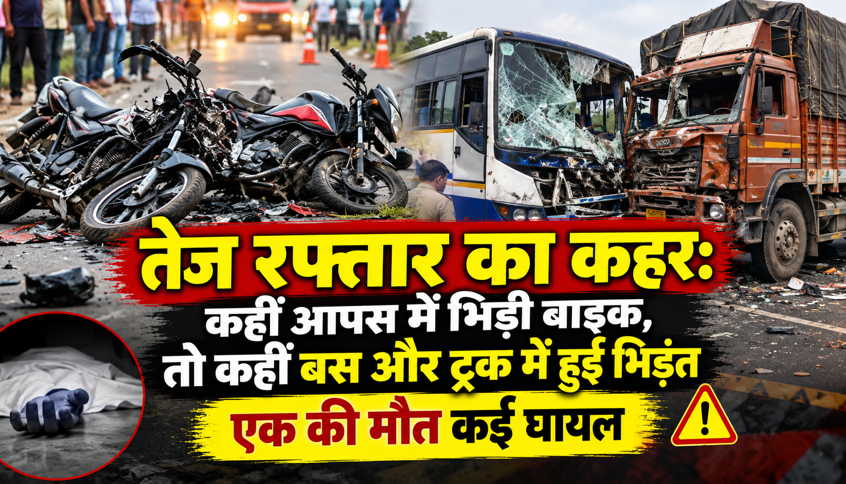 छत्तीसगढ़ के कवर्धा में बाइक और धरमजयगढ़ में बस-ट्रक की भिड़ंत के बाद हादसे का दृश्य