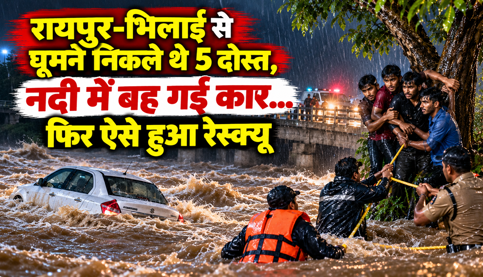 दनिया पुल पर तेज बहाव में नदी में फंसी कार और पांच दोस्तों का पुलिस ने किया रेस्क्यू