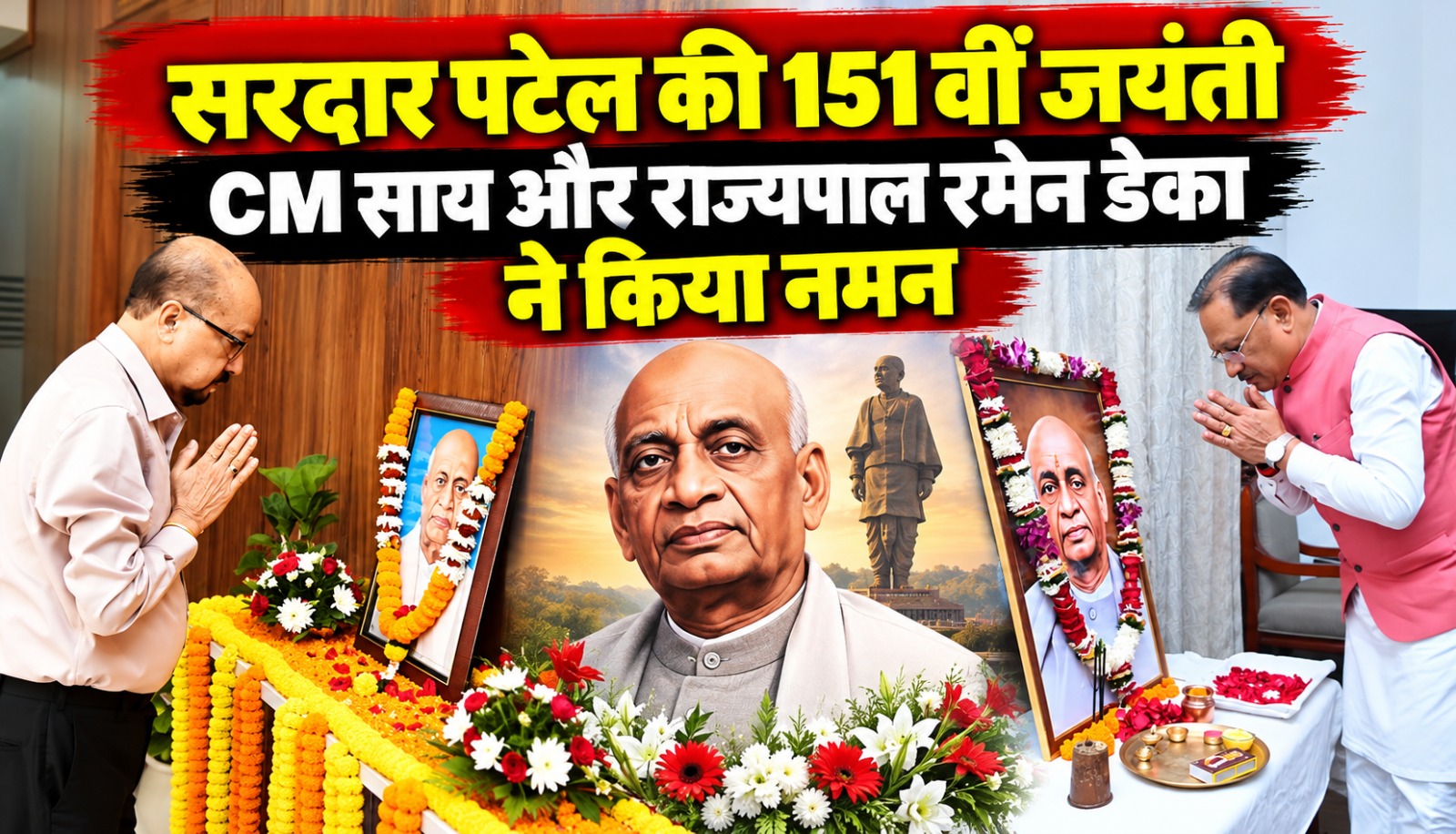 राष्ट्रीय एकता दिवस पर मुख्यमंत्री विष्णु देव साय और राज्यपाल रमेन डेका ने सरदार वल्लभभाई पटेल को श्रद्धांजलि दी