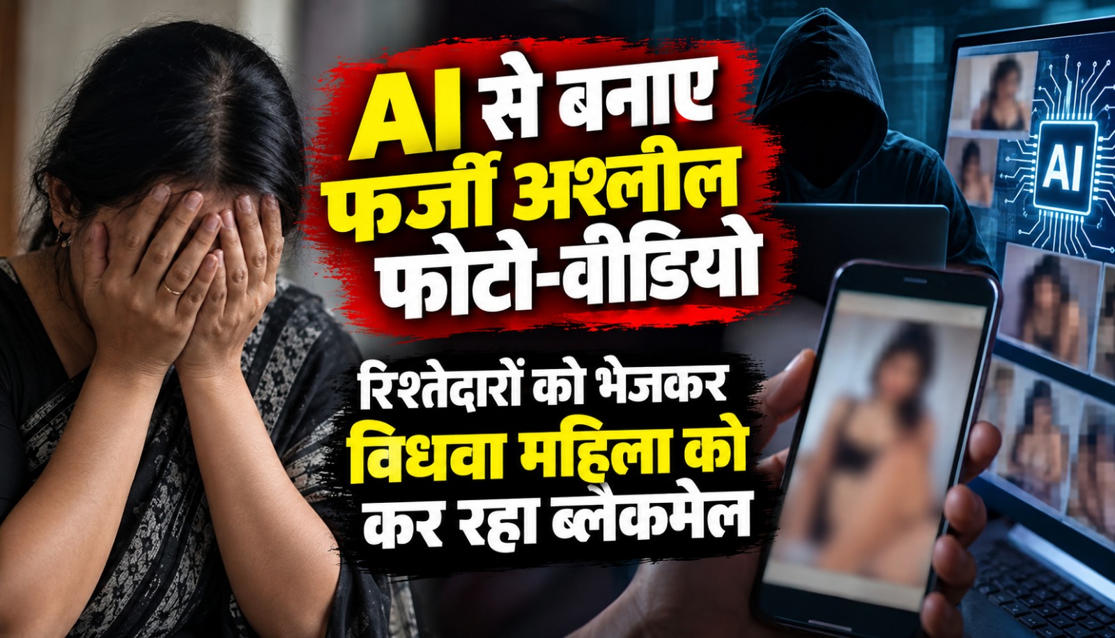 ग्वालियर में AI तकनीक से फर्जी अश्लील फोटो-वीडियो बनाकर महिला को ब्लैकमेल करने के कथित मामले का प्रतीकात्मक दृश्य