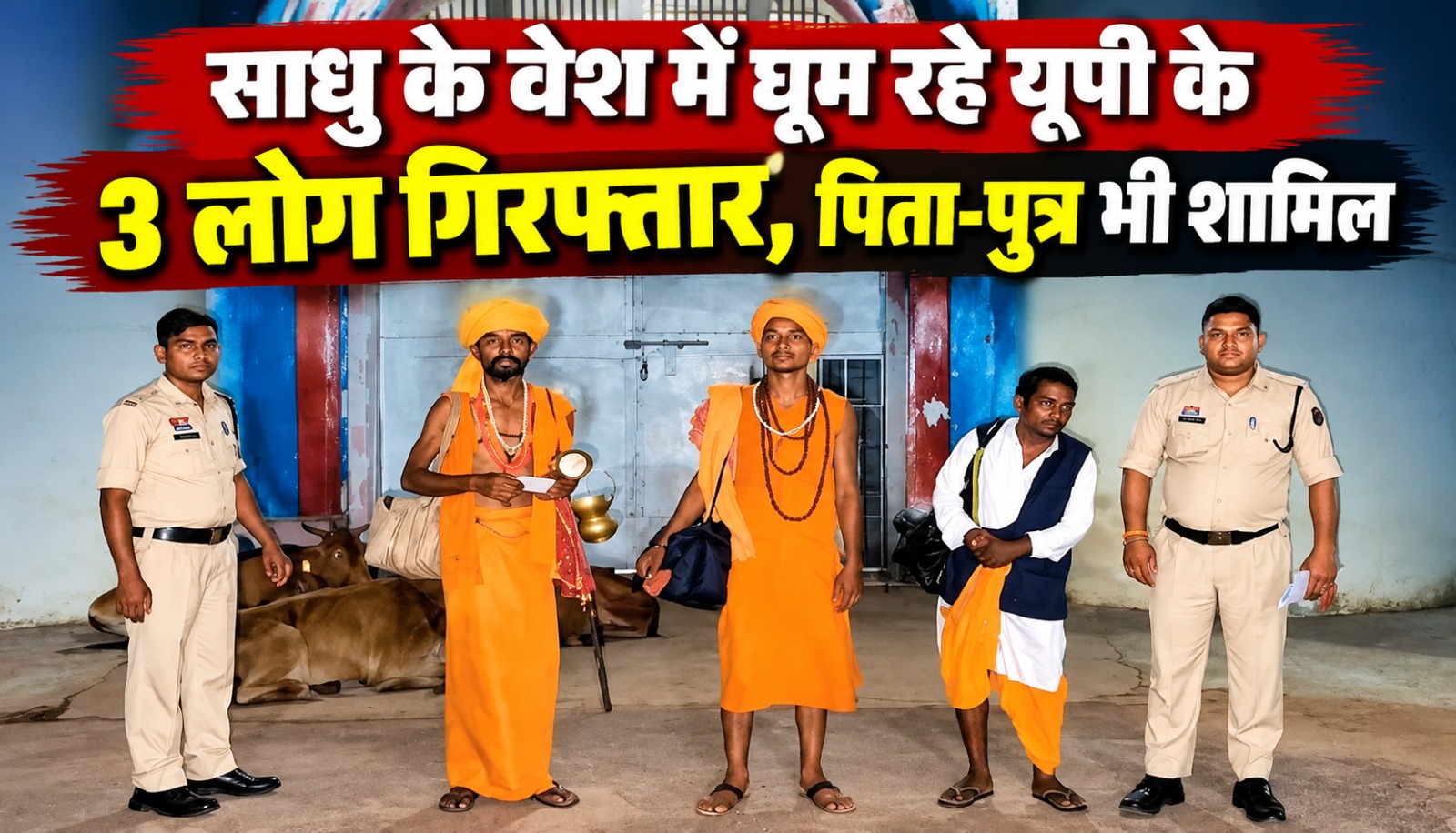 बालोद में साधु के वेश में घूम रहे उत्तर प्रदेश के तीन लोगों को गिरफ्तार कर ले जाती पुलिस