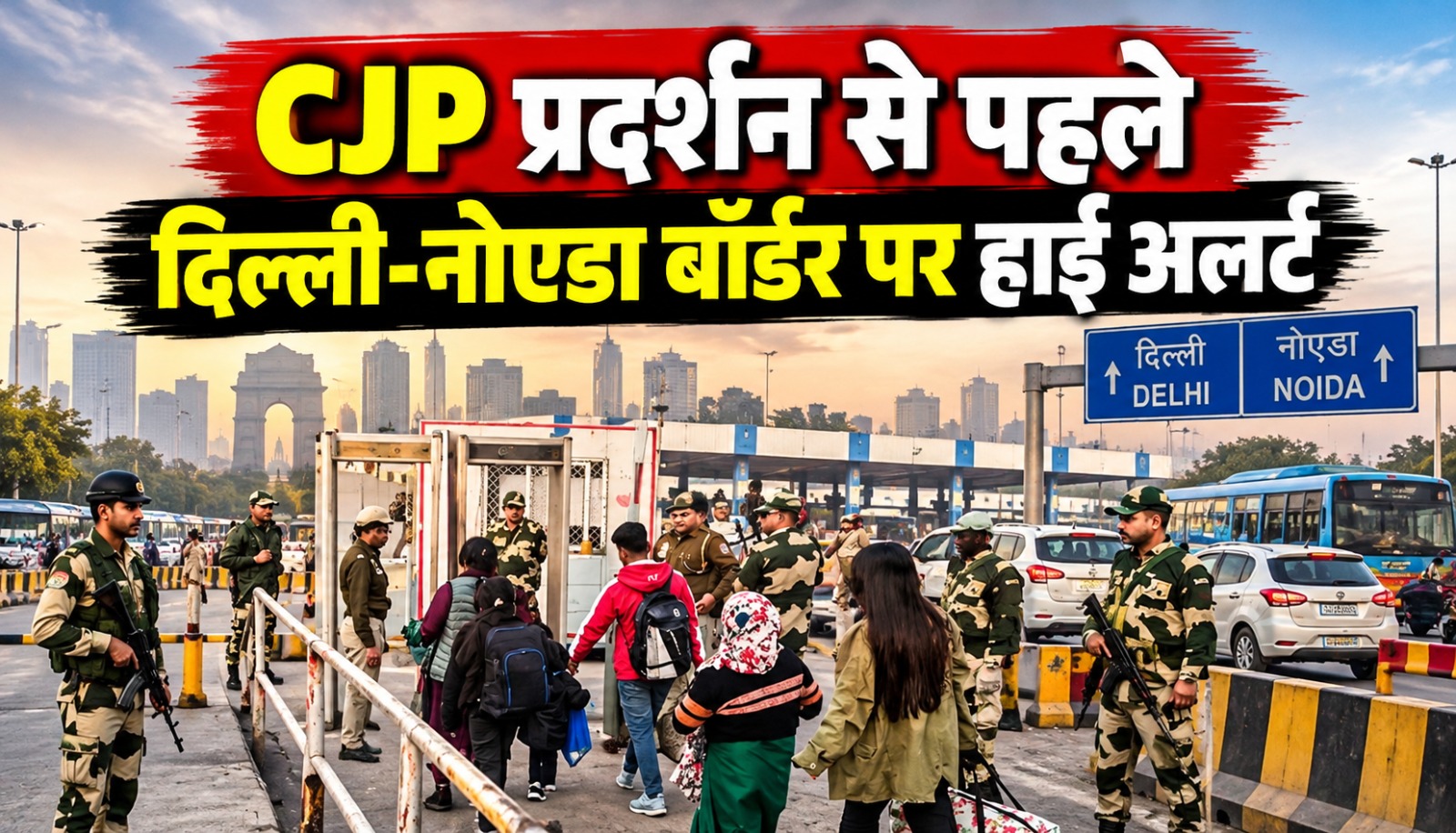 CJP प्रदर्शन से पहले चिल्ला बॉर्डर पर दिल्ली और नोएडा पुलिस के साथ BSF के जवान तैनात।