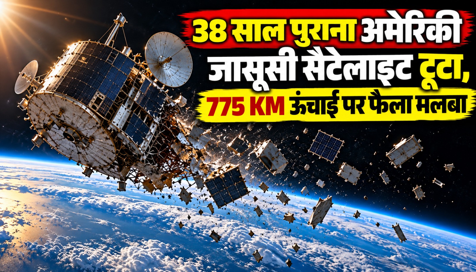 लोअर अर्थ ऑर्बिट में टूटे 38 साल पुराने अमेरिकी जासूसी सैटेलाइट USA-32 और अंतरिक्ष में फैले मलबे का प्रतीकात्मक दृश्य