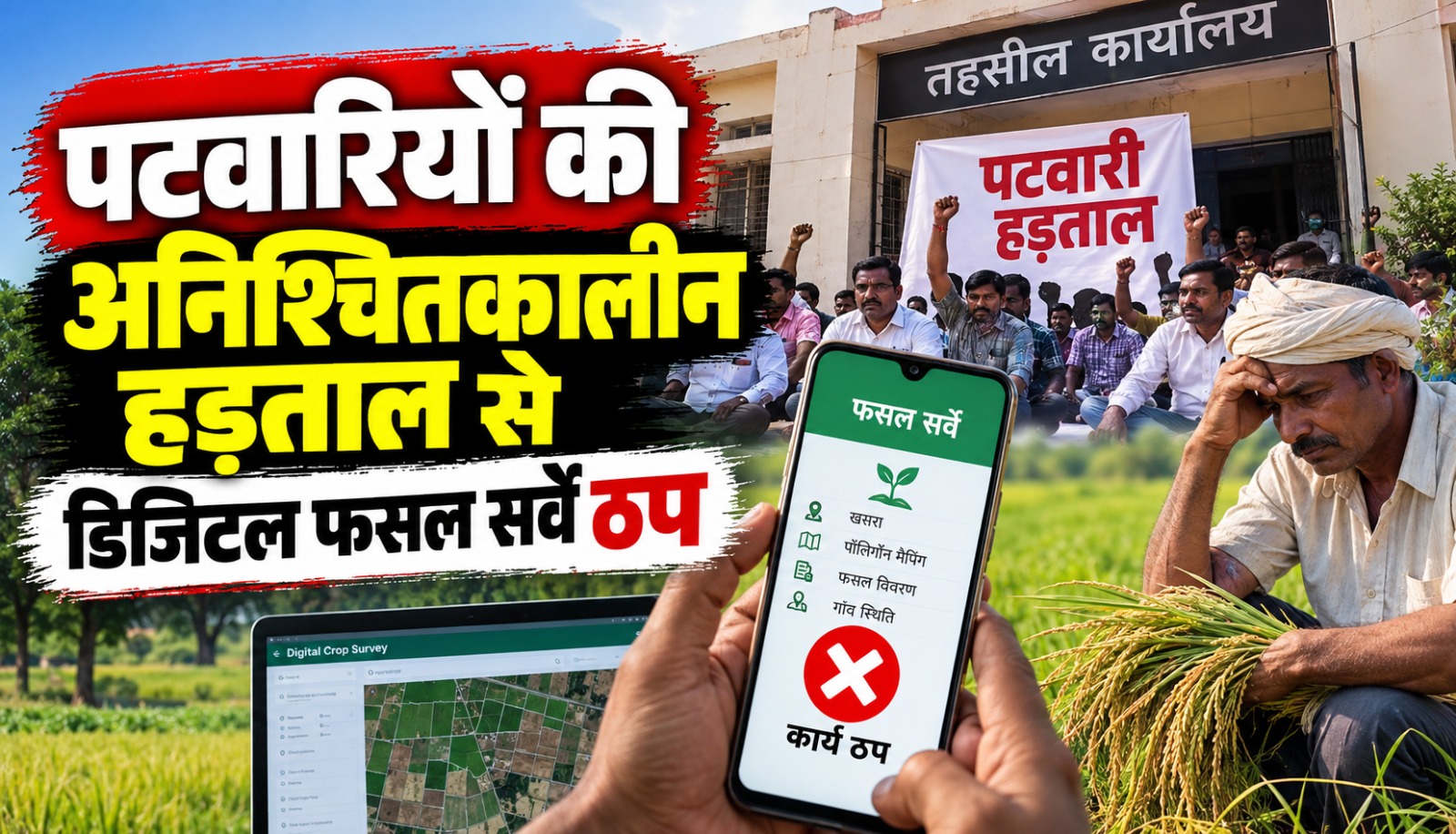छत्तीसगढ़ में पटवारियों की अनिश्चितकालीन हड़ताल के बीच लंबित डिजिटल फसल सर्वे और खसरा सत्यापन का प्रतीकात्मक दृश्य