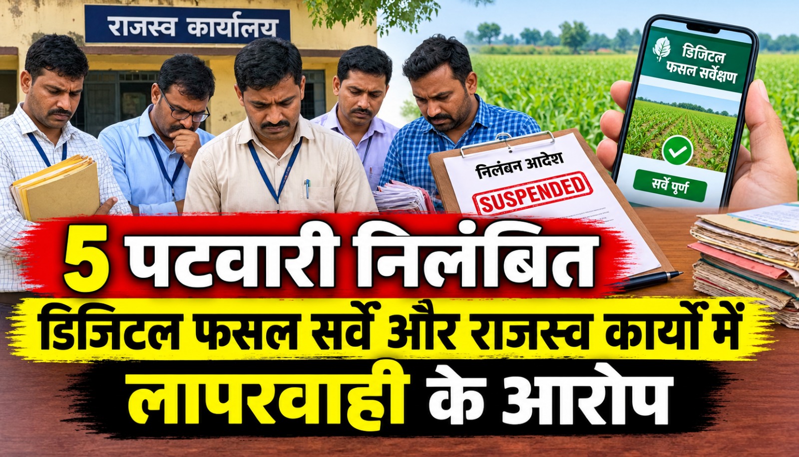 छत्तीसगढ़ के महासमुंद जिले में राजस्व कार्यों और डिजिटल फसल सर्वेक्षण में कथित लापरवाही पर पांच पटवारियों के निलंबन की खबर
