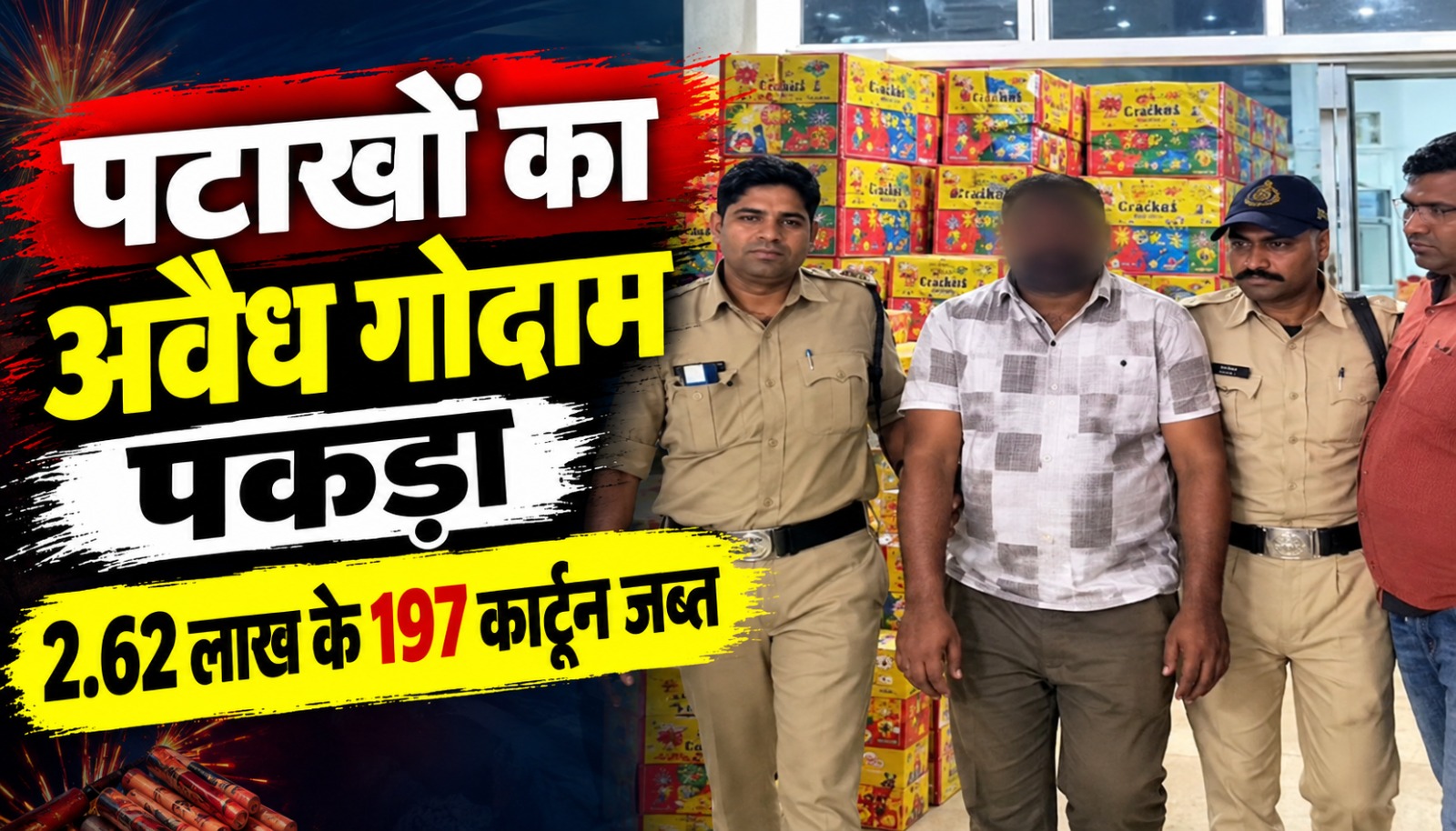 इंदौर के राजेंद्र नगर क्षेत्र में बिना लाइसेंस भंडारित पटाखों की जब्ती से जुड़ा प्रतीकात्मक दृश्य